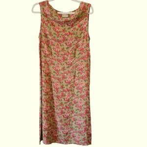 April Cornell Vtg 90s Green‎ Pink Floral Sleeveless Midi Dress Size M Cottage